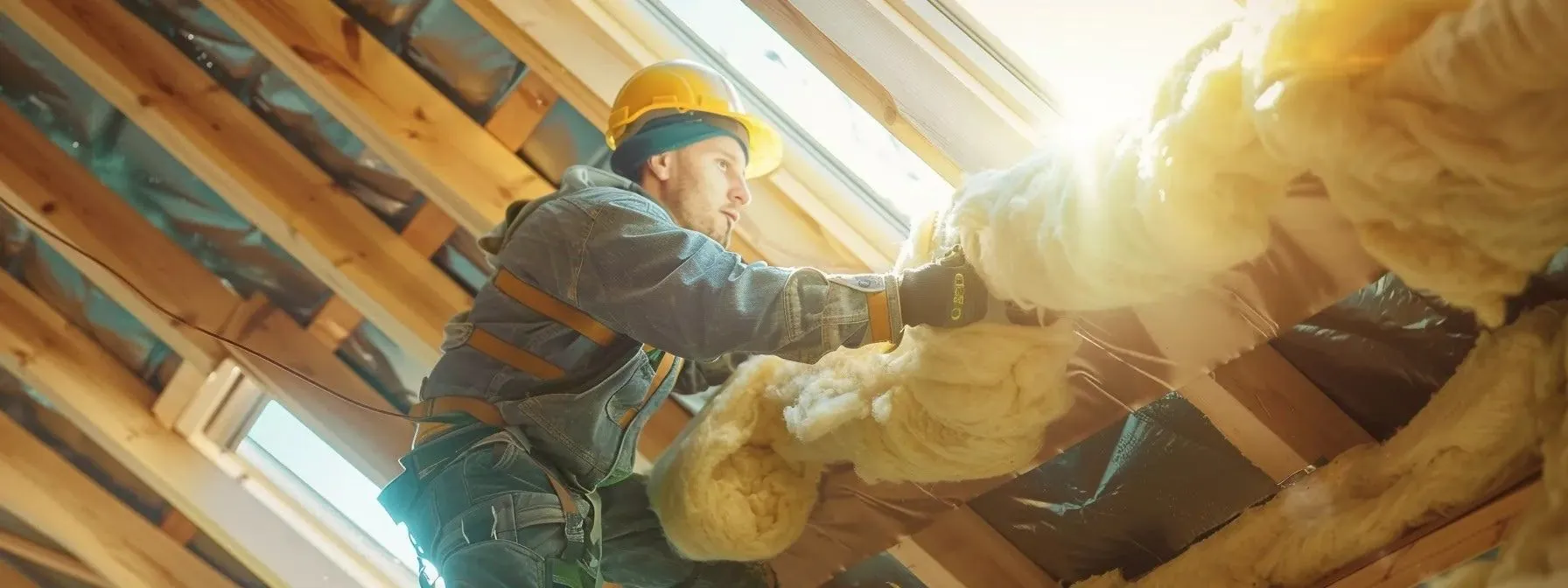 a roofer insulating the roof of a house with a roll of insulation material.