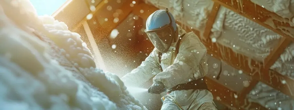 a roofing contractor in protective gear spraying foam insulation onto a roof