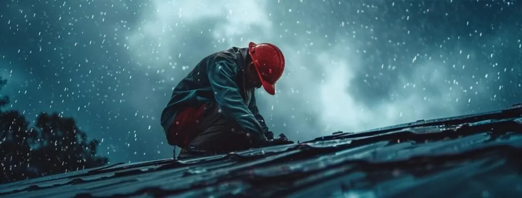 a roofer in a bright red hard hat working quickly to patch up a hole in a roof during a heavy rainstorm