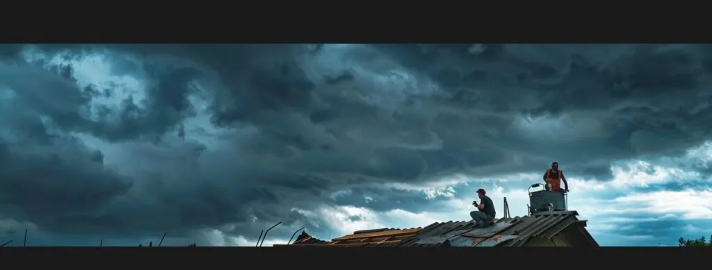 a team of workers hurriedly fixing a damaged roof under dark storm clouds