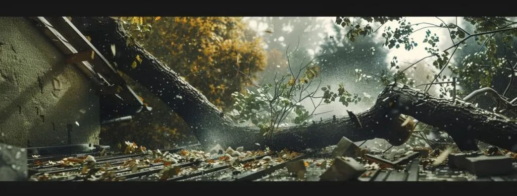 a tree crashing through a roof during a fierce storm, leaving debris scattered everywhere