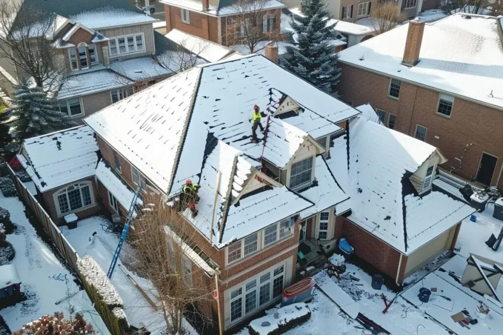 Our team of roofing contractors can help you apply sealant to a new roof installation during the winter season. Call us for free quote!