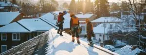 a team of skilled roofers working on a snowy rooftop, equipped with non-slip footwear and specialized tools to ensure safety and efficiency