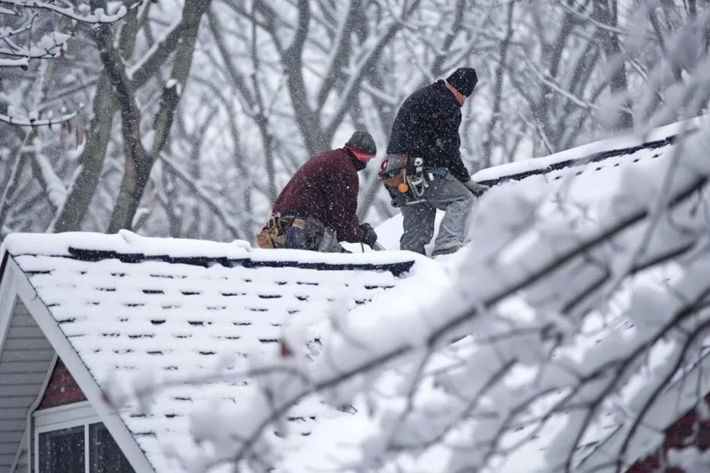 roofers doing roof inspections during winter for a residential roofing