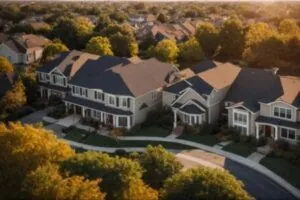 a breathtaking aerial view of a charming, suburban neighborhood featuring a variety of affordable roofing styles, accentuated by the warm glow of sunset, highlighting the balance between cost-effectiveness and aesthetic appeal