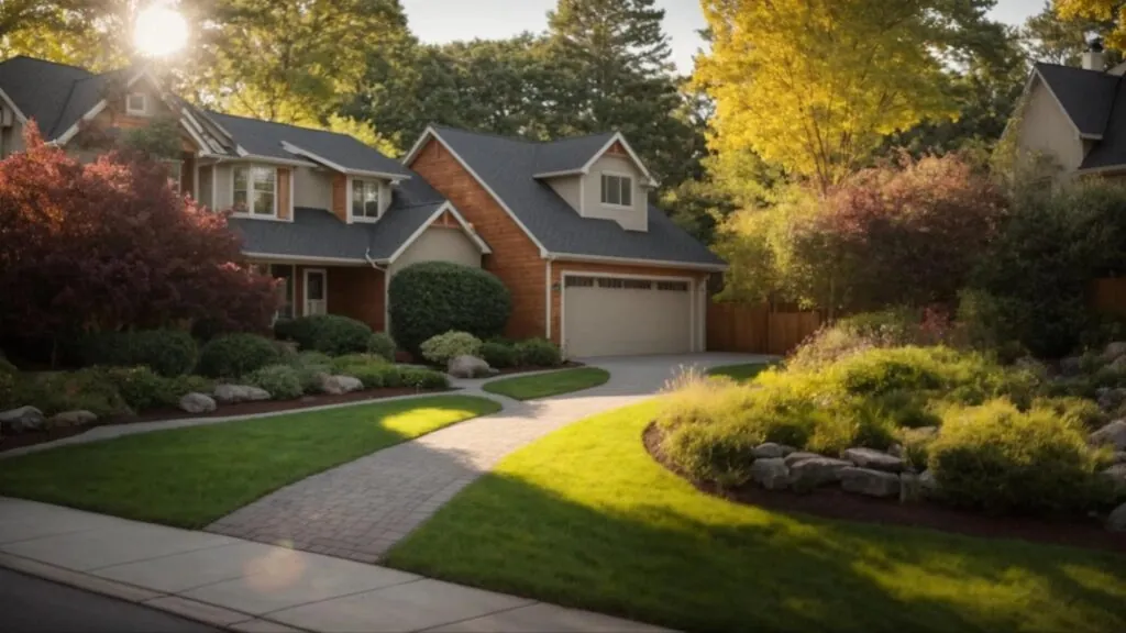 a serene suburban landscape showcases a newly installed asphalt shingle roof glistening under the warm afternoon sun, symbolizing affordability and durability in home improvement